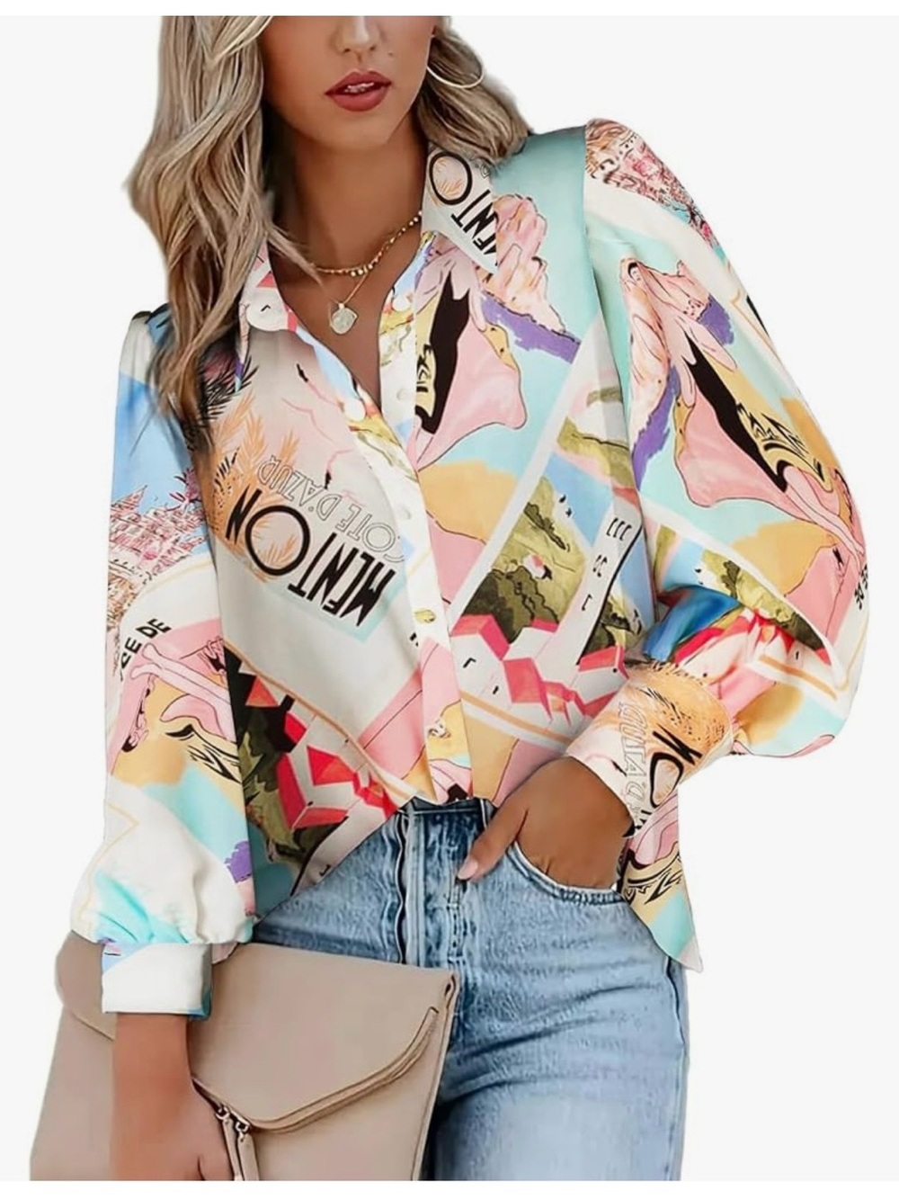 NWT Size Medium Women's Multicolor Printed Button-Up Shirt - Casual Collared Top
